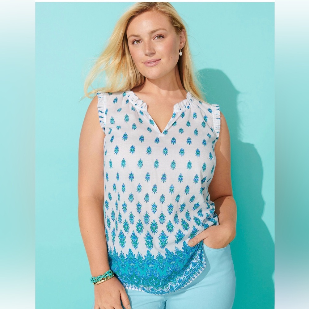 Talbots Floral Print Blouse in Blue and White 100% Cotton Petite Large